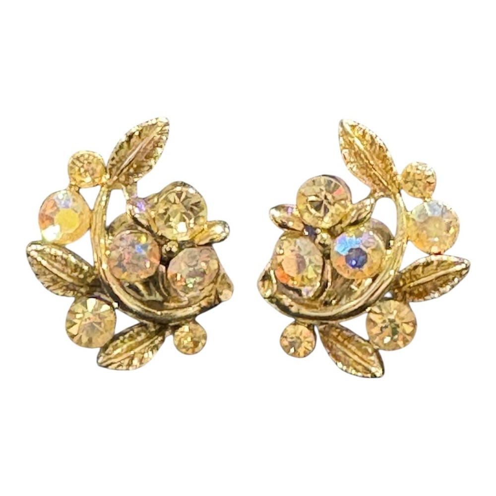 Lisner Vintage Aurora Borealis Clip-On Earrings – Gold-Tone Floral Spray JB9